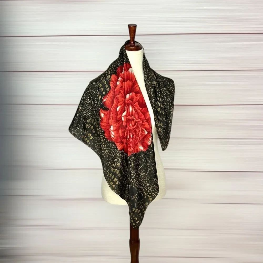 Jose Cotel Paris Silk Scarf Vintage 1987 Made in Japan Designer Floral Red Rose